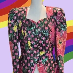 Glitzy and Glam Black and Pink Sequined Vintage Jacket Blazer with Shoulder Pads